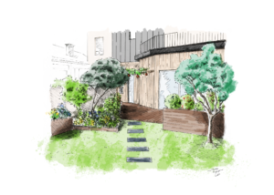 croquis d'un jardin avec intégration de bacs